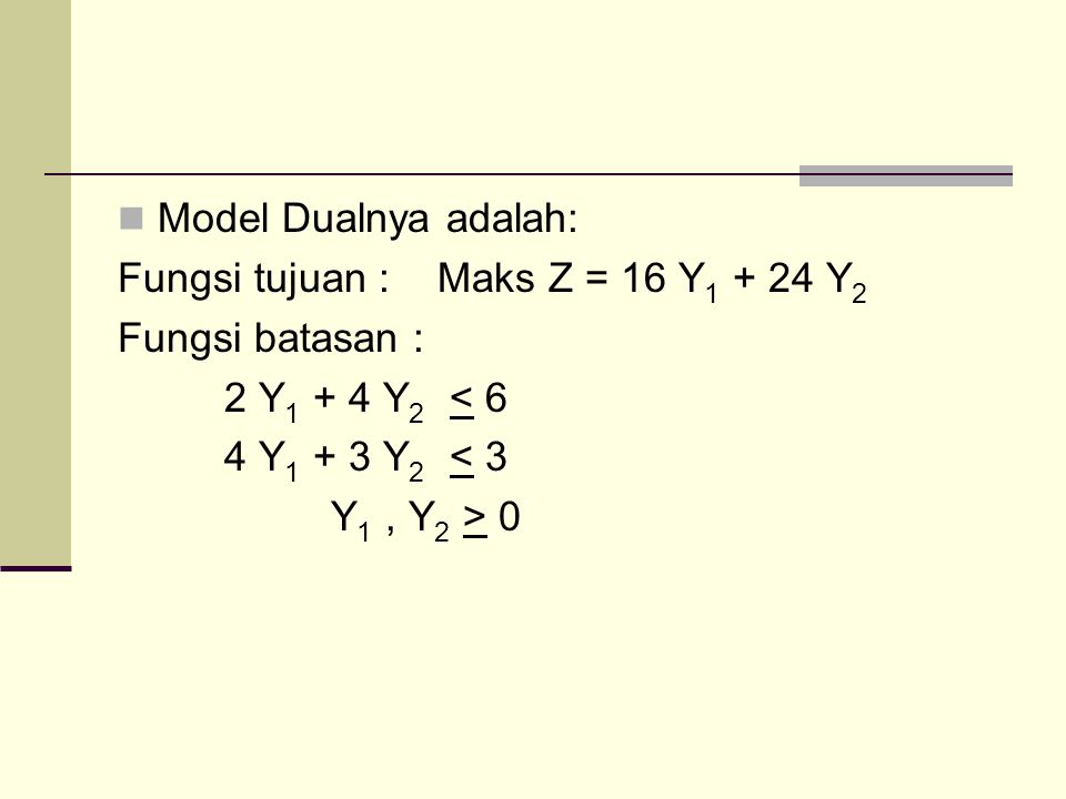 Model Dualnya adalah: Fungsi tujuan : Maks Z = 16 Y Y2. Fungsi batasan : 2 Y1 + 4 Y2 < 6. 4 Y1 + 3 Y2 < 3.