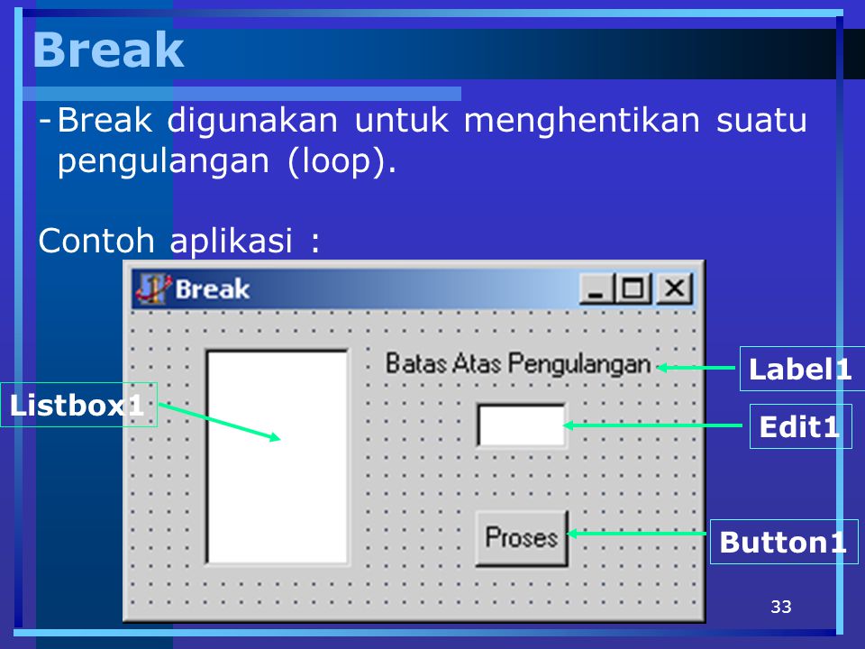 Break Break digunakan untuk menghentikan suatu pengulangan (loop).