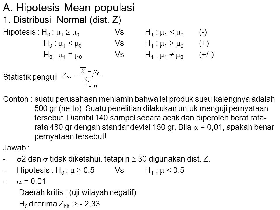 A. Hipotesis Mean populasi 1. Distribusi Normal (dist. Z)