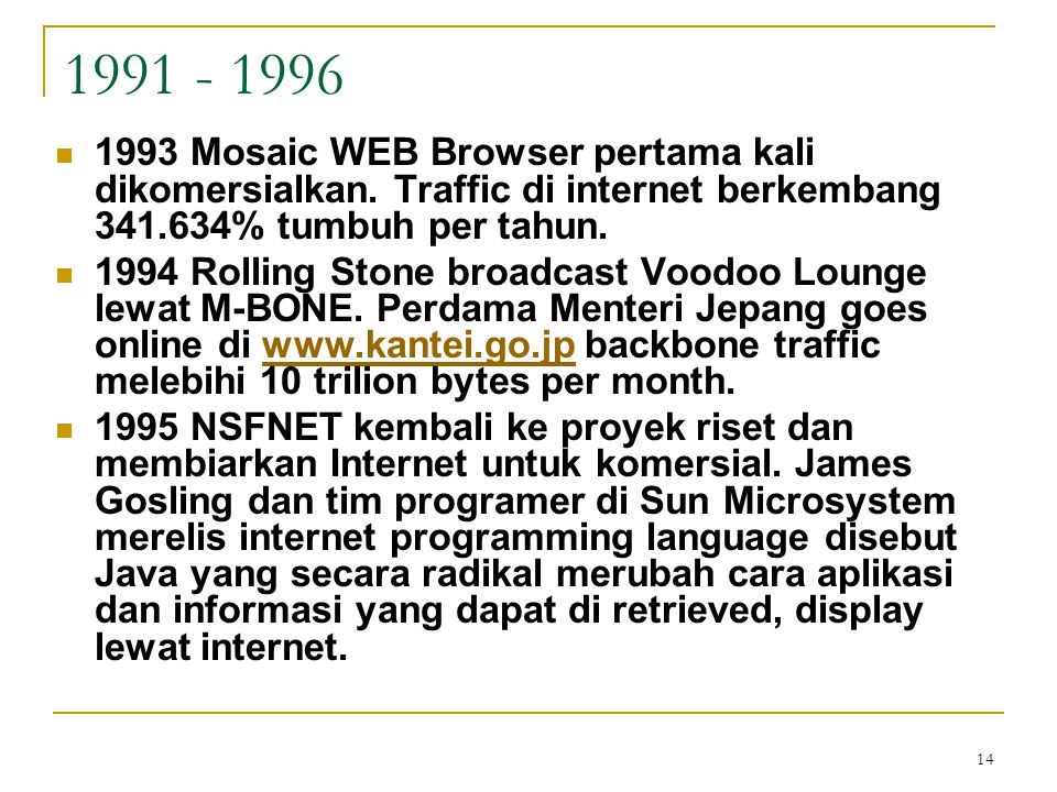 Mosaic WEB Browser pertama kali dikomersialkan. Traffic di internet berkembang % tumbuh per tahun.