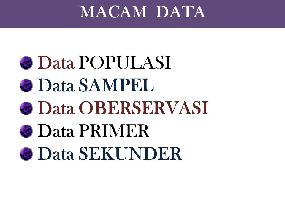 Data POPULASI Data SAMPEL Data OBERSERVASI Data PRIMER Data SEKUNDER