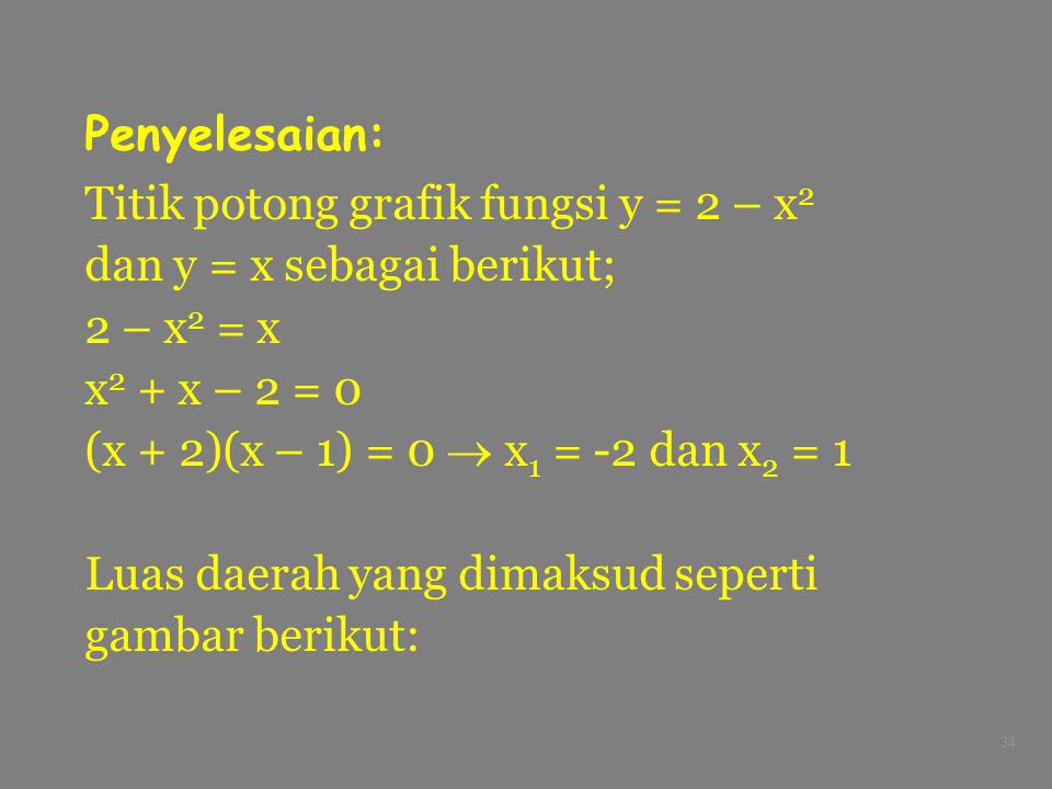 Penyelesaian: Titik potong grafik fungsi y = 2 – x2. dan y = x sebagai berikut; 2 – x2 = x. x2 + x – 2 = 0.