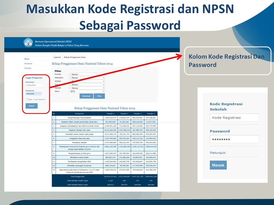 Masukkan Kode Registrasi dan NPSN Sebagai Password