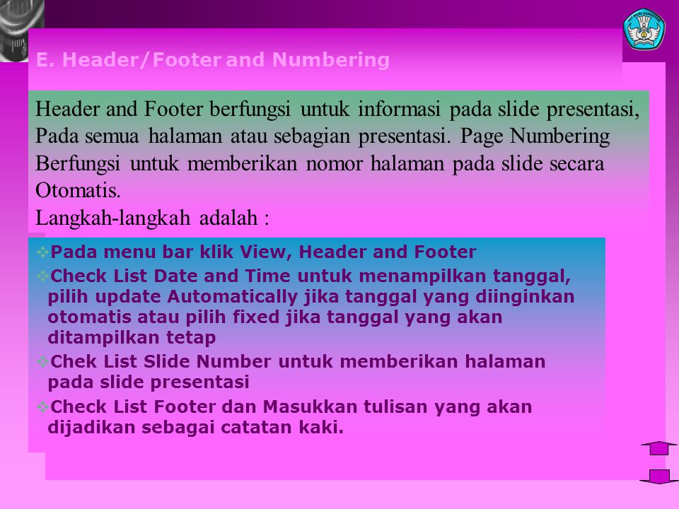 E. Header/Footer and Numbering