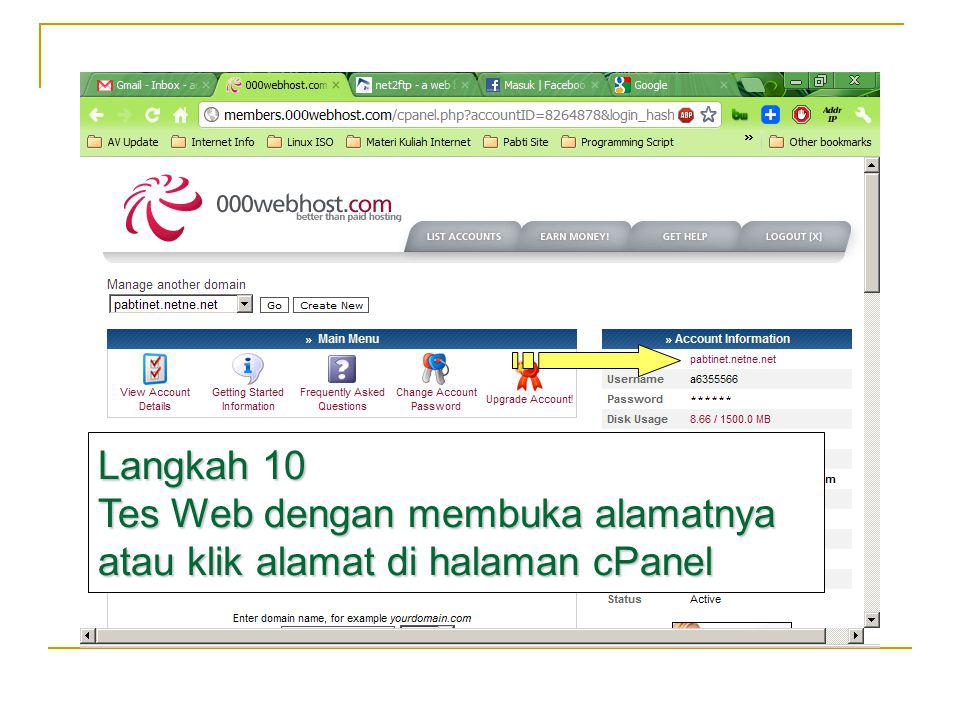Langkah 10 Tes Web dengan membuka alamatnya atau klik alamat di halaman cPanel