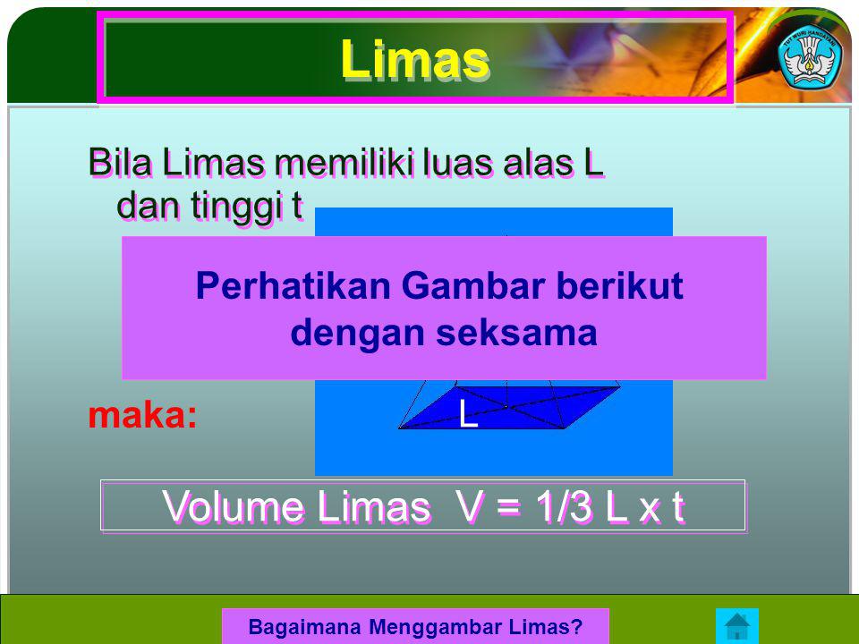 Limas Volume Limas V = 1/3 L x t Bila Limas memiliki luas alas L