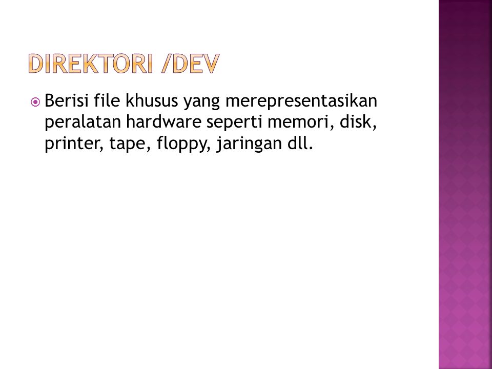 Direktori /dev Berisi file khusus yang merepresentasikan peralatan hardware seperti memori, disk, printer, tape, floppy, jaringan dll.