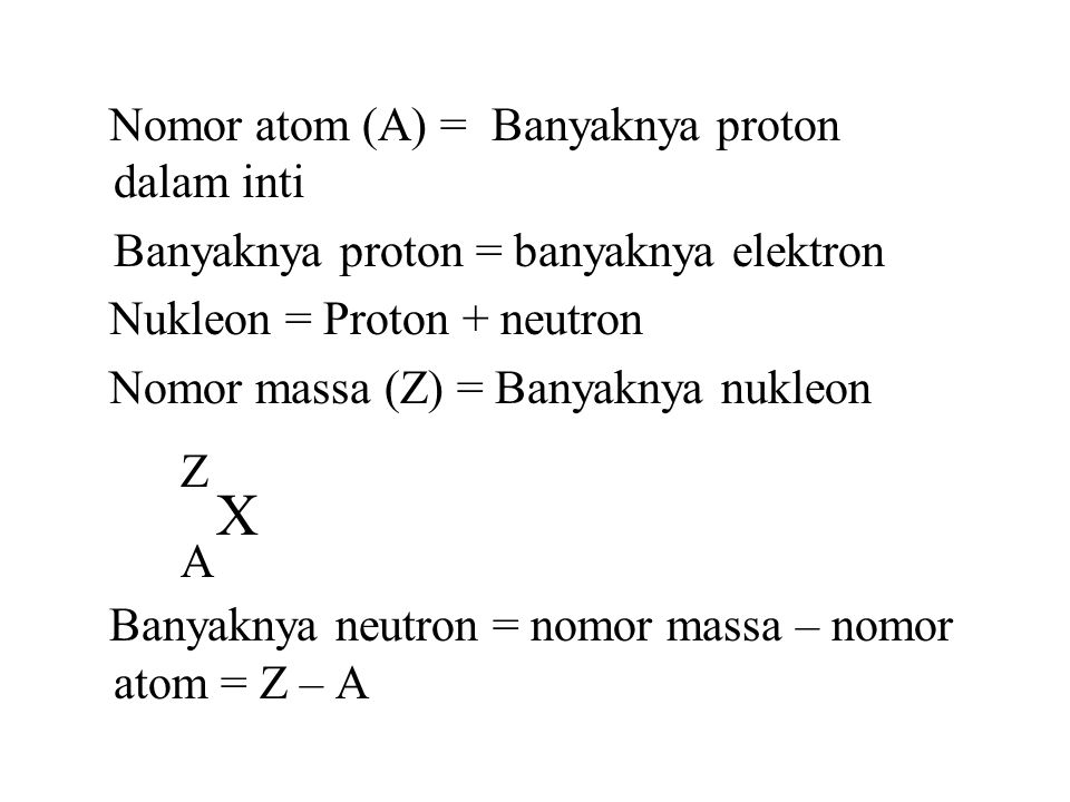 Nomor atom (A) = Banyaknya proton dalam inti