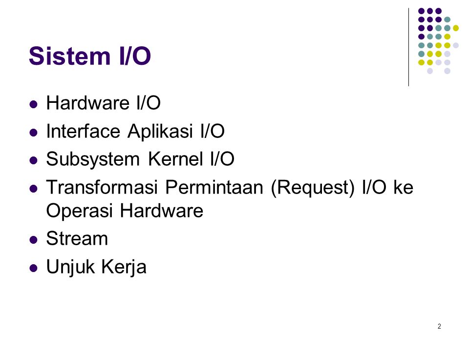 Sistem I/O Hardware I/O Interface Aplikasi I/O Subsystem Kernel I/O