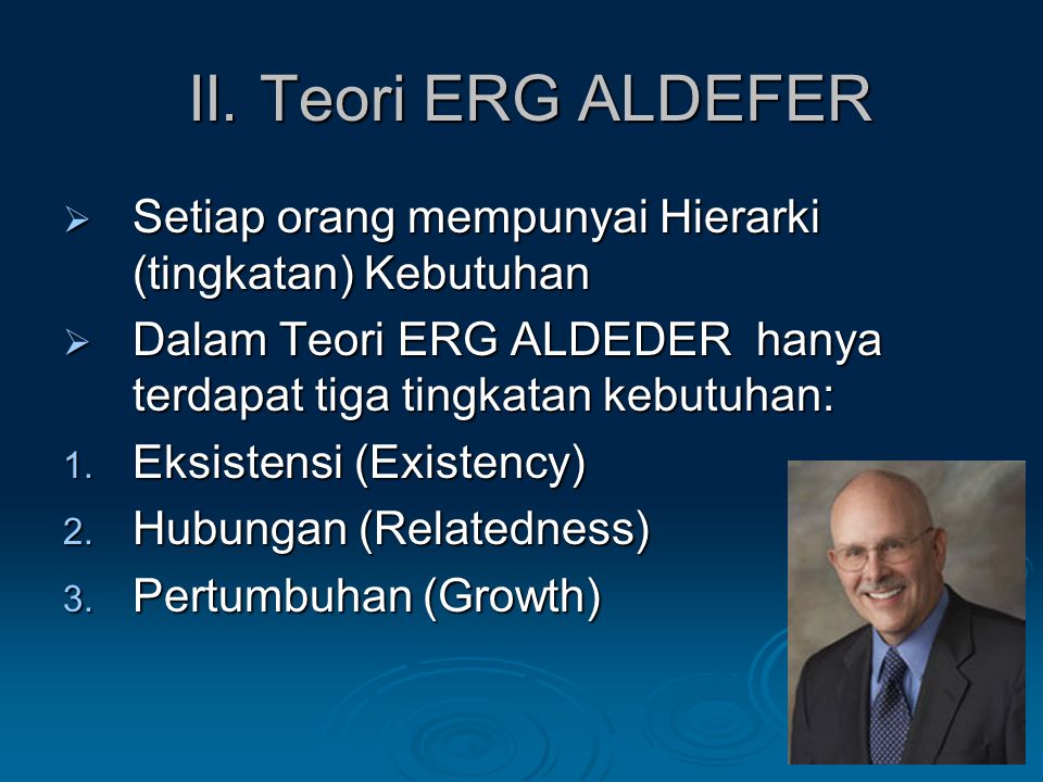 II. Teori ERG ALDEFER Setiap orang mempunyai Hierarki (tingkatan) Kebutuhan. Dalam Teori ERG ALDEDER hanya terdapat tiga tingkatan kebutuhan:
