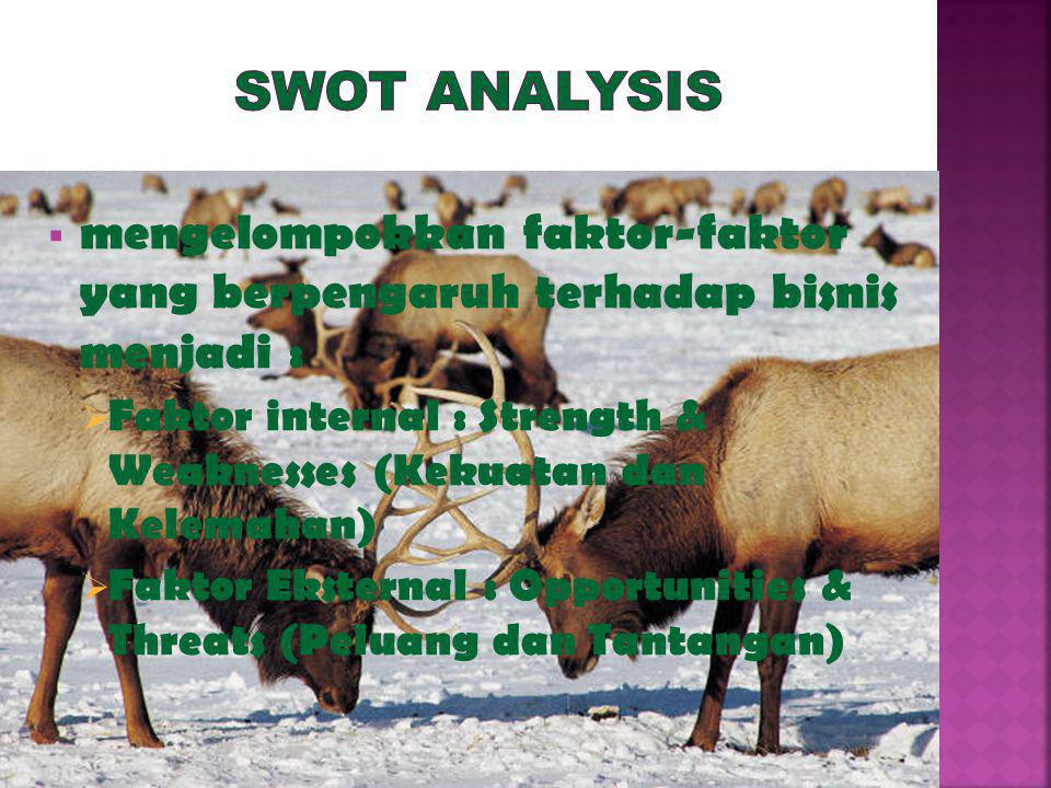 SWOT Analysis mengelompokkan faktor-faktor yang berpengaruh terhadap bisnis menjadi :