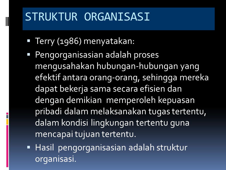 STRUKTUR ORGANISASI Terry (1986) menyatakan: