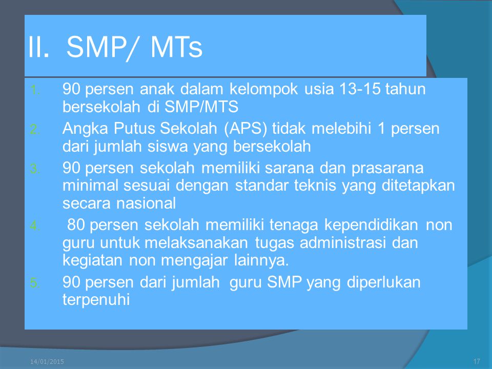 II. SMP/ MTs 90 persen anak dalam kelompok usia tahun bersekolah di SMP/MTS.