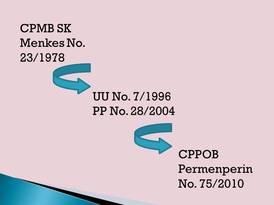 CPMB SK Menkes No. 23/1978 UU No. 7/1996 PP No. 28/2004 CPPOB Permenperin No. 75/2010