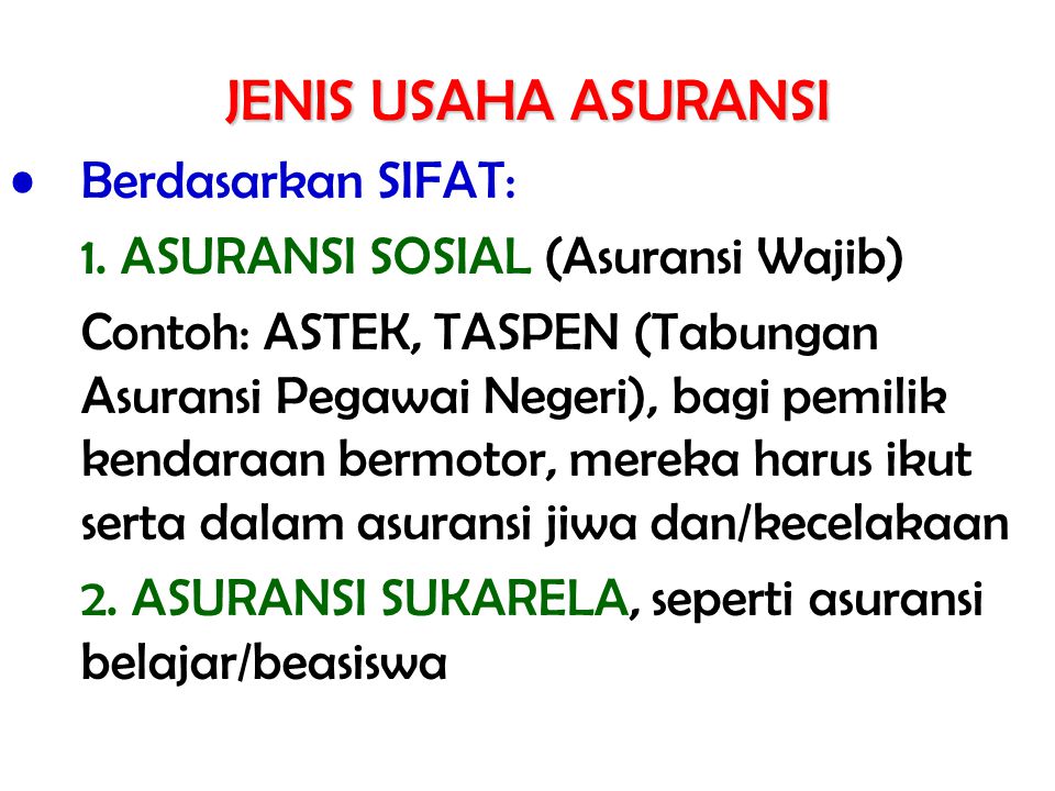 JENIS USAHA ASURANSI Berdasarkan SIFAT: