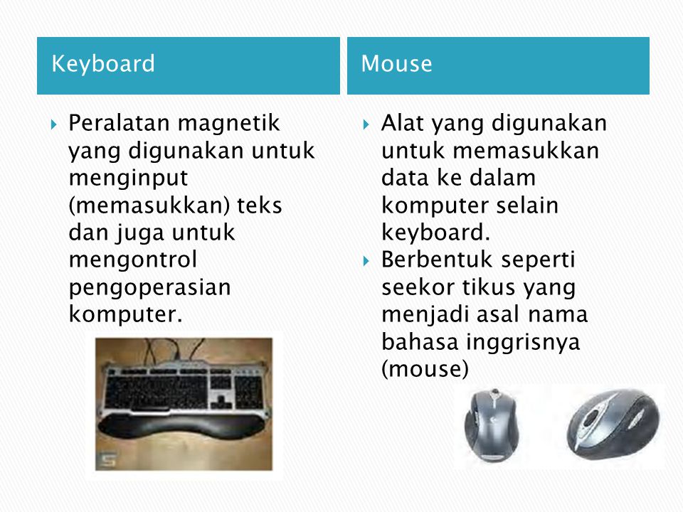 Keyboard Mouse. Peralatan magnetik yang digunakan untuk menginput (memasukkan) teks dan juga untuk mengontrol pengoperasian komputer.