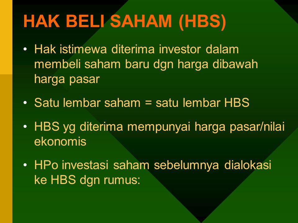 HAK BELI SAHAM (HBS) Hak istimewa diterima investor dalam membeli saham baru dgn harga dibawah harga pasar.