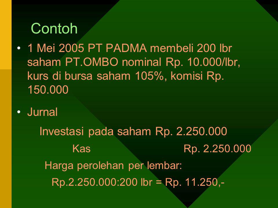 Contoh 1 Mei 2005 PT PADMA membeli 200 lbr saham PT.OMBO nominal Rp /lbr, kurs di bursa saham 105%, komisi Rp