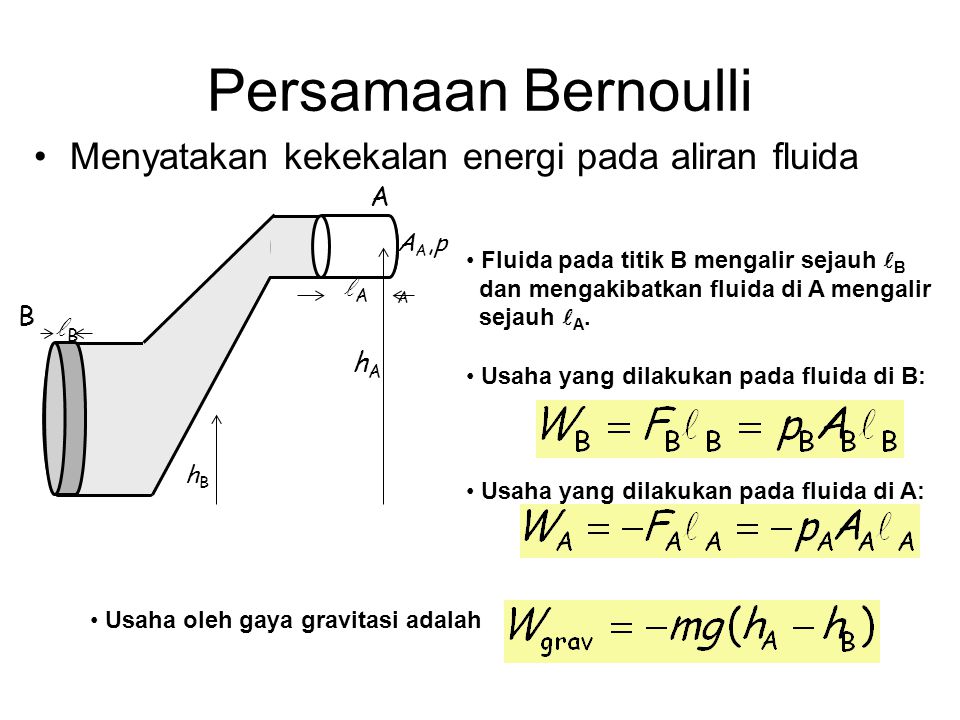 Persamaan Bernoulli Menyatakan kekekalan energi pada aliran fluida A