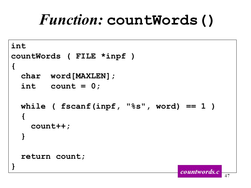 Function: countWords()