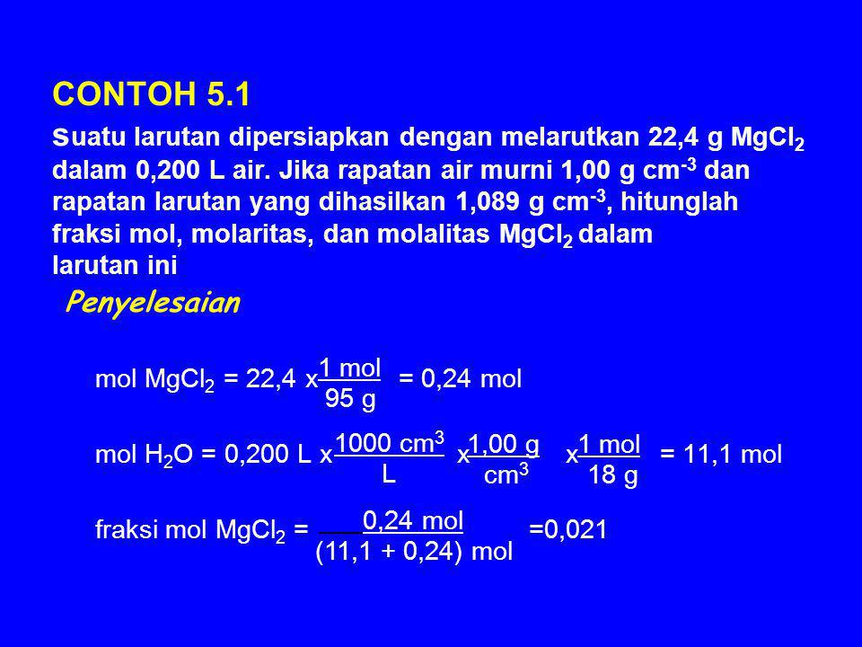 CONTOH 5.1 suatu larutan dipersiapkan dengan melarutkan 22,4 g MgCl2 dalam 0,200 L air. Jika rapatan air murni 1,00 g cm-3 dan rapatan larutan yang dihasilkan 1,089 g cm-3, hitunglah fraksi mol, molaritas, dan molalitas MgCl2 dalam larutan ini
