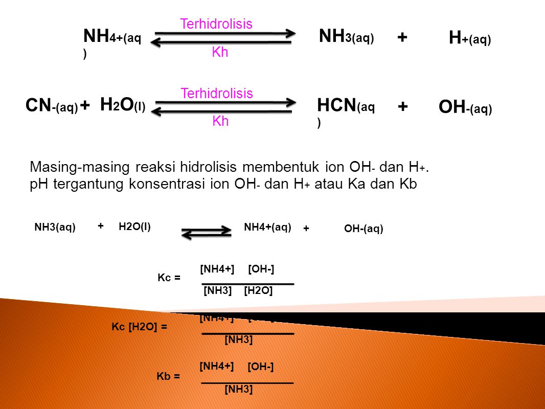 NH4+(aq) NH3(aq) + H+(aq) CN-(aq) + H2O(l) HCN(aq) + OH-(aq)