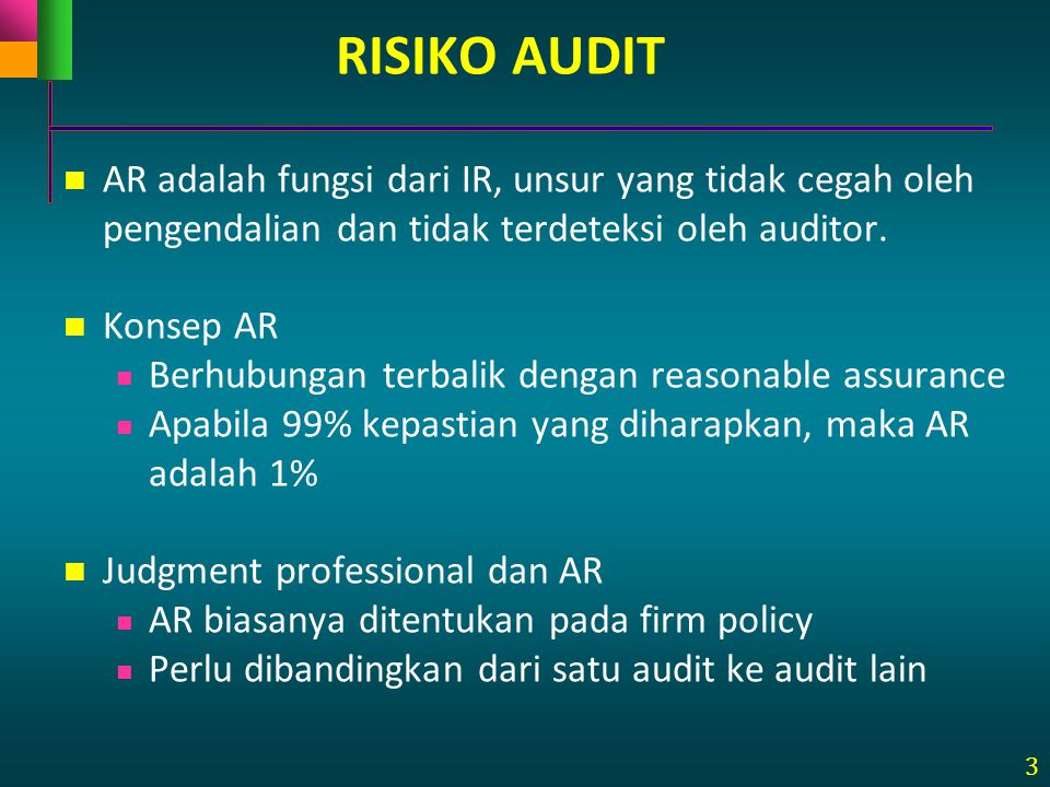 RISIKO AUDIT AR adalah fungsi dari IR, unsur yang tidak cegah oleh pengendalian dan tidak terdeteksi oleh auditor.