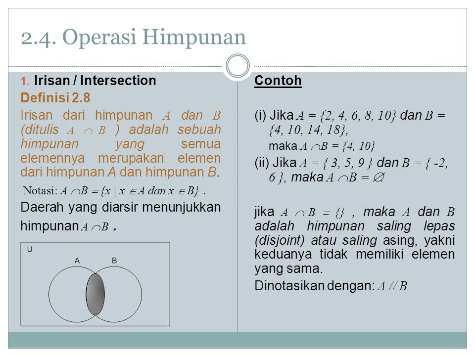2.4. Operasi Himpunan Irisan / Intersection Definisi 2.8