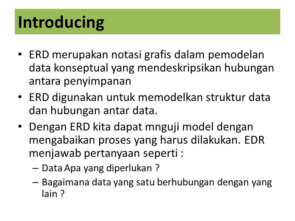 Introducing ERD merupakan notasi grafis dalam pemodelan data konseptual yang mendeskripsikan hubungan antara penyimpanan.