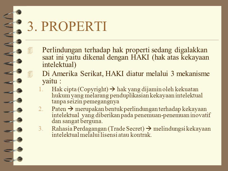 3. PROPERTI Perlindungan terhadap hak properti sedang digalakkan saat ini yaitu dikenal dengan HAKI (hak atas kekayaan intelektual)