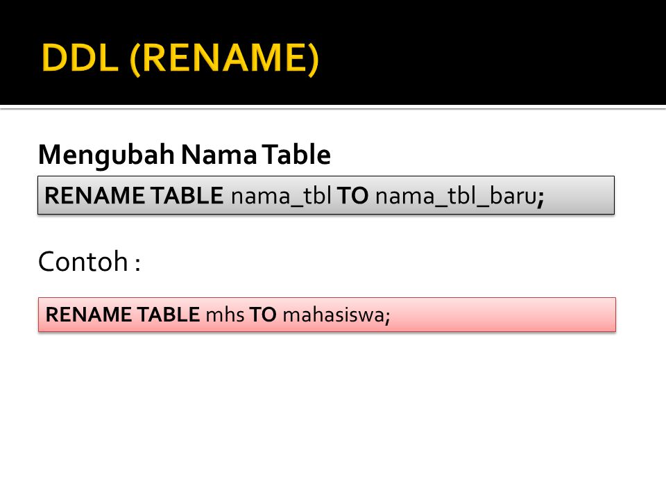 DDL (RENAME) Mengubah Nama Table Contoh :