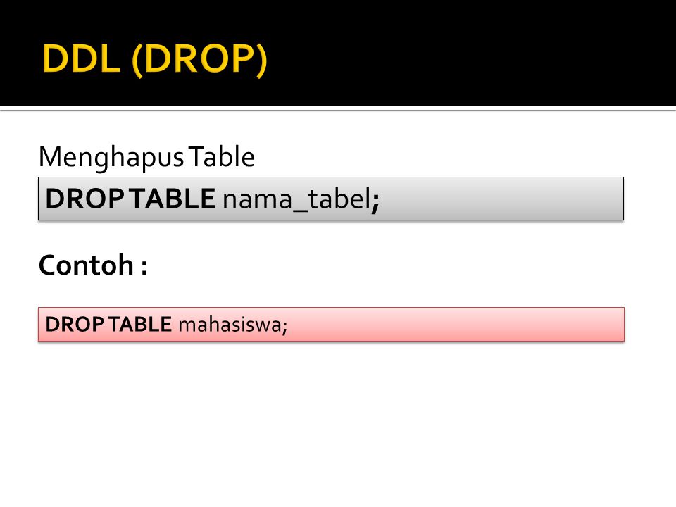DDL (DROP) Menghapus Table DROP TABLE nama_tabel; Contoh :