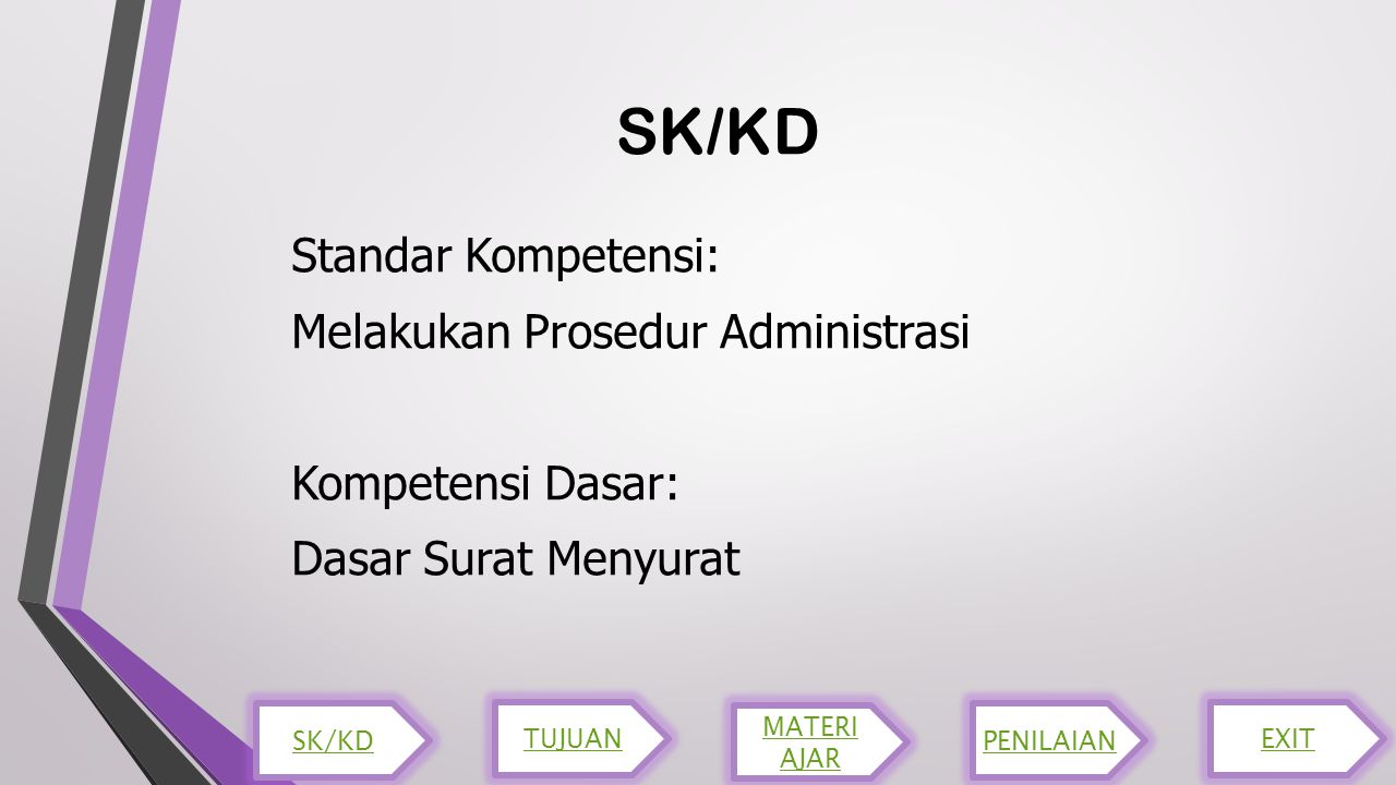 SK/KD Standar Kompetensi: Melakukan Prosedur Administrasi Kompetensi Dasar: Dasar Surat Menyurat SK/KD.