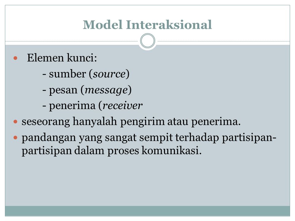 Model Interaksional Elemen kunci: - sumber (source) - pesan (message)