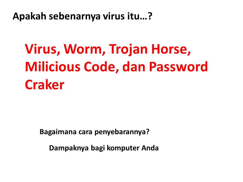 Virus, Worm, Trojan Horse, Milicious Code, dan Password Craker