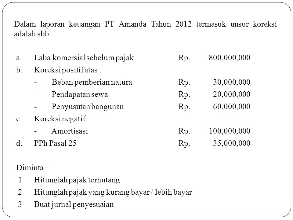 Dalam laporan keuangan PT Amanda Tahun 2012 termasuk unsur koreksi adalah sbb :