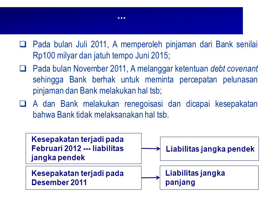 ... Pada bulan Juli 2011, A memperoleh pinjaman dari Bank senilai Rp100 milyar dan jatuh tempo Juni 2015;