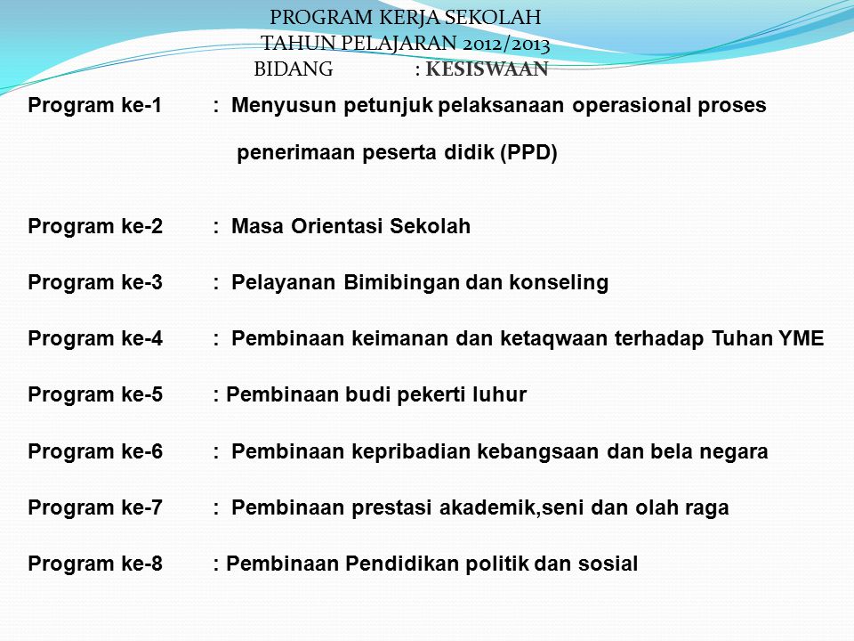 PROGRAM KERJA SEKOLAH TAHUN PELAJARAN 2012/2013. BIDANG : KESISWAAN Program ke-1.