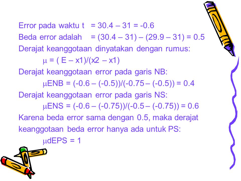Error pada waktu t = 30.4 – 31 = -0.6 Beda error adalah = (30.4 – 31) – (29.9 – 31) = 0.5. Derajat keanggotaan dinyatakan dengan rumus:
