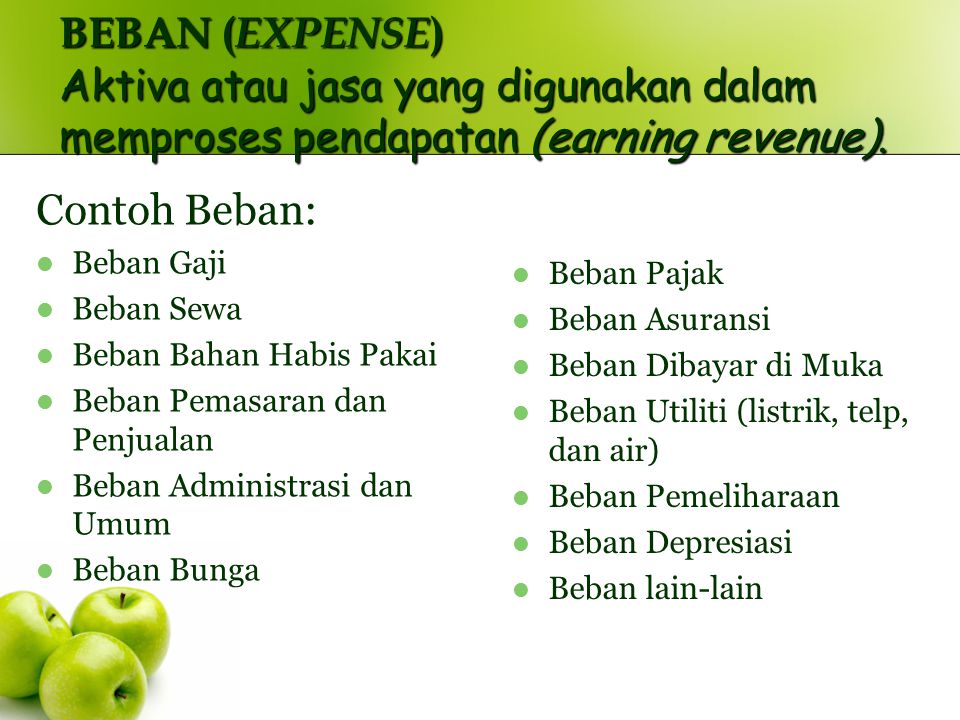 BEBAN (EXPENSE) Aktiva atau jasa yang digunakan dalam memproses pendapatan (earning revenue).