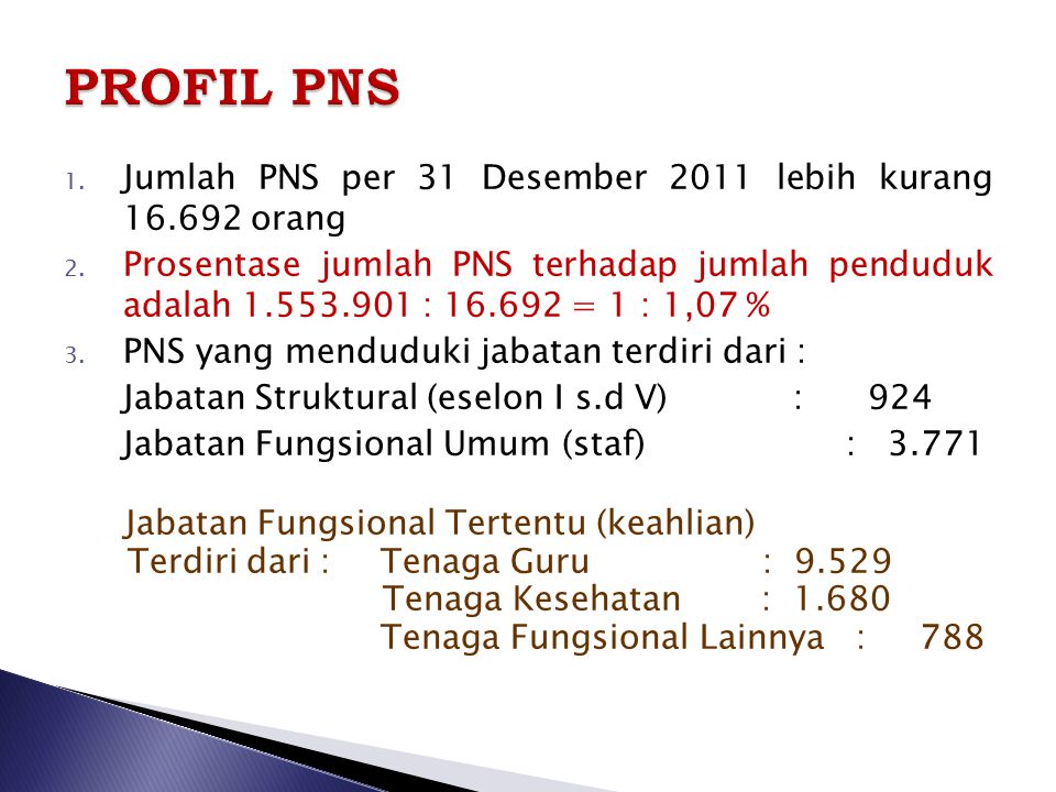PROFIL PNS Jumlah PNS per 31 Desember 2011 lebih kurang orang