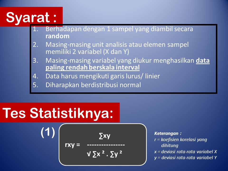 Syarat : Tes Statistiknya: (1) ∑xy rxy =