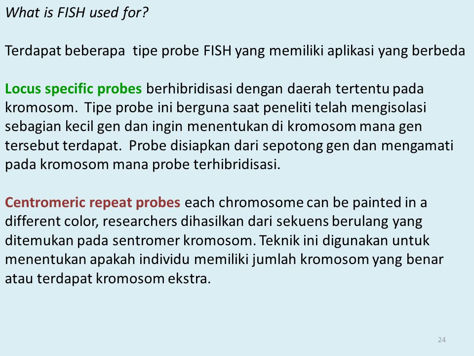 What is FISH used for Terdapat beberapa tipe probe FISH yang memiliki aplikasi yang berbeda.