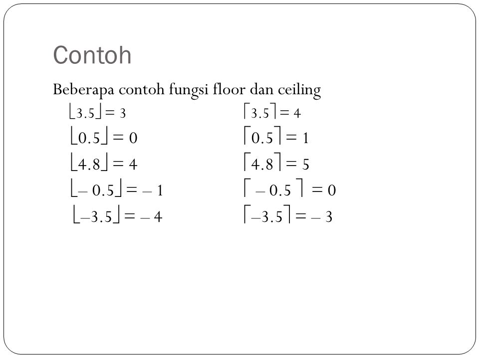 Contoh Beberapa contoh fungsi floor dan ceiling 0.5 = 0 0.5 = 1