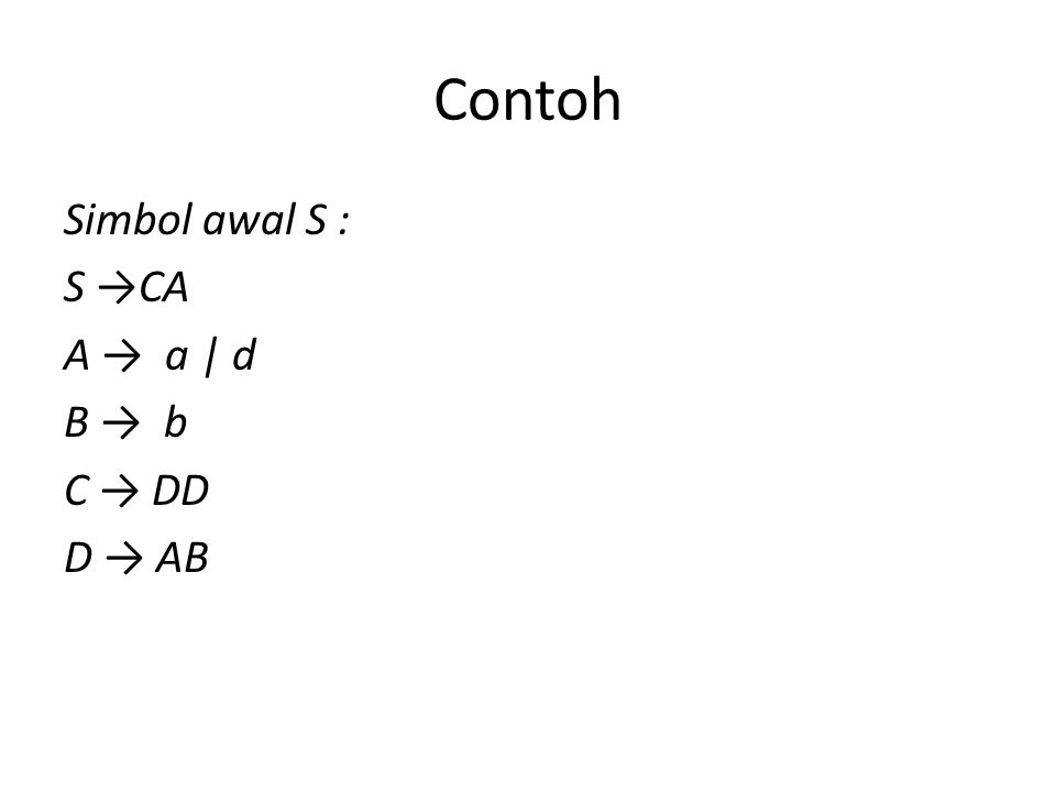 Contoh Simbol awal S : S →CA A → a | d B → b C → DD D → AB