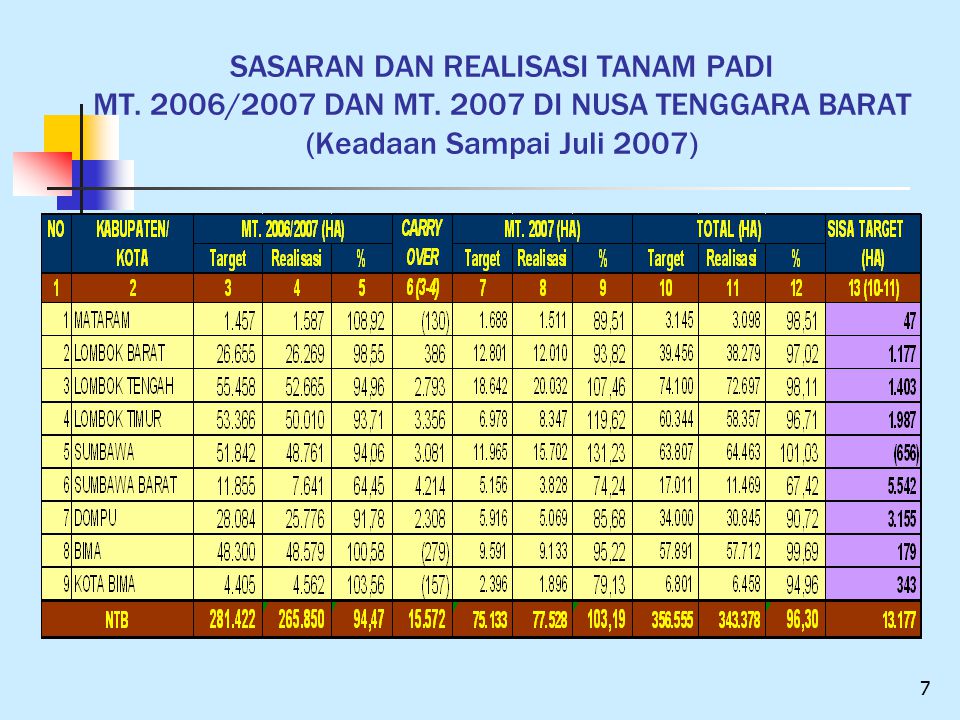 SASARAN DAN REALISASI TANAM PADI MT. 2006/2007 DAN MT