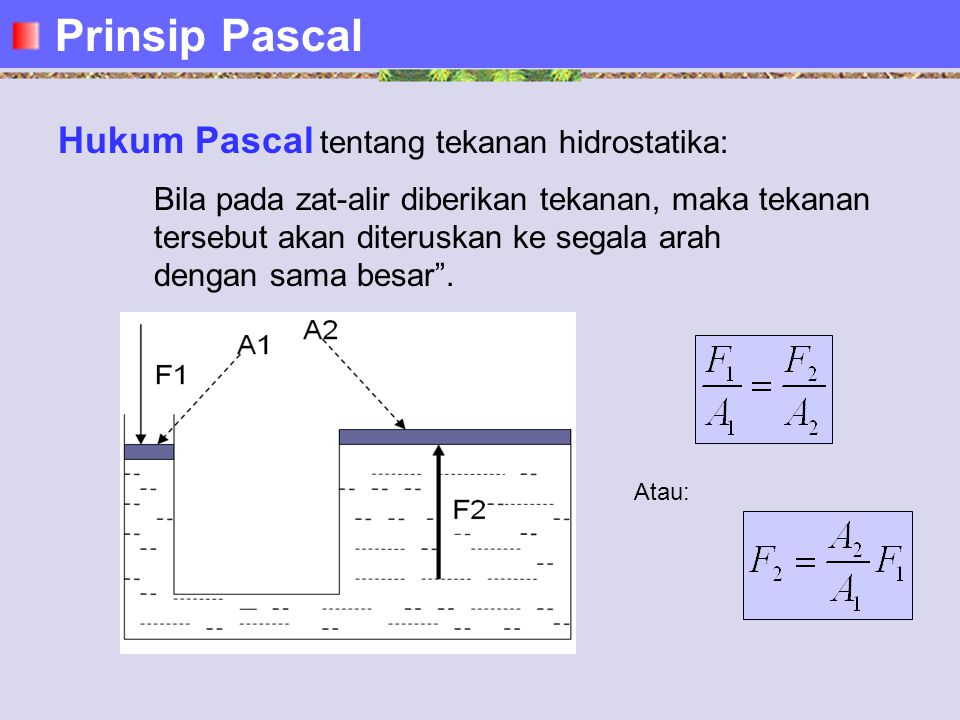 Prinsip Pascal Hukum Pascal tentang tekanan hidrostatika: