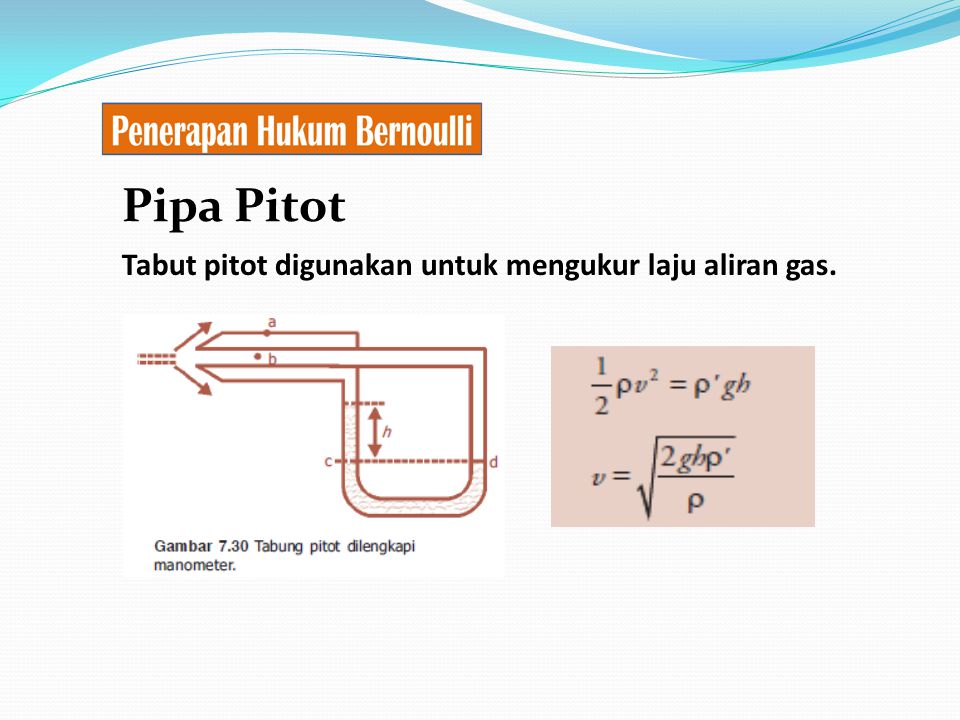 Pipa Pitot Tabut pitot digunakan untuk mengukur laju aliran gas.