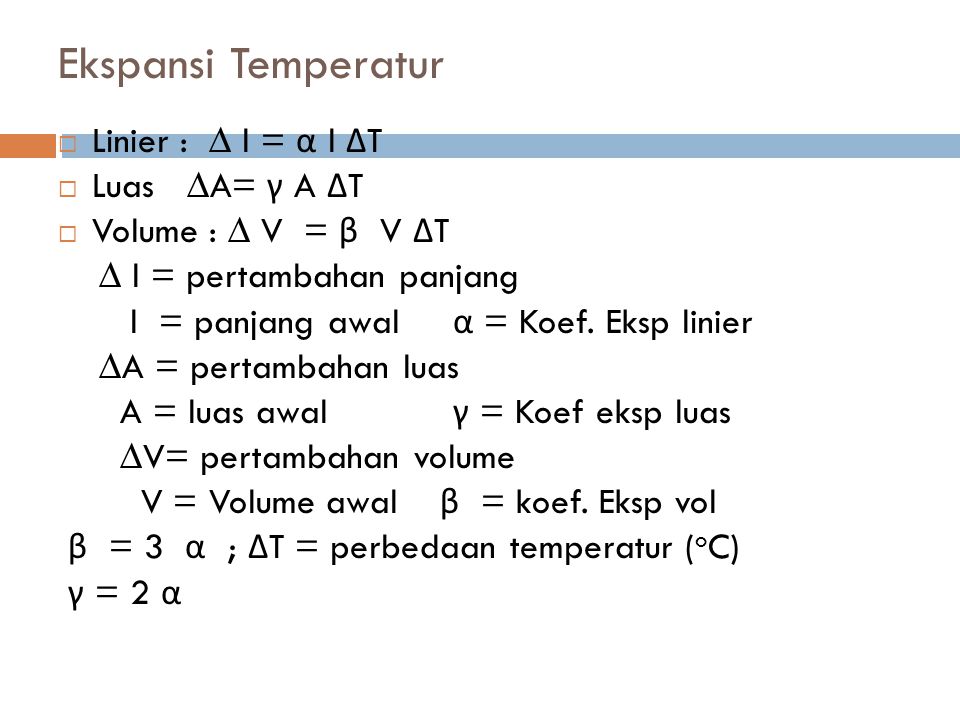 Ekspansi Temperatur Linier : ∆ l = α l ΔT Luas ∆A= γ A ΔT