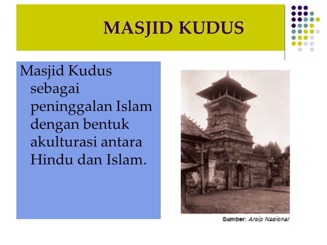 MASJID KUDUS Masjid Kudus sebagai peninggalan Islam dengan bentuk akulturasi antara Hindu dan Islam.